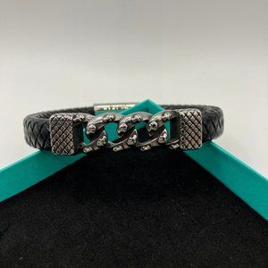 Men's Chain Stainless Steel Link Genuine Leather Bracelet NEW Size: 8.5 inches